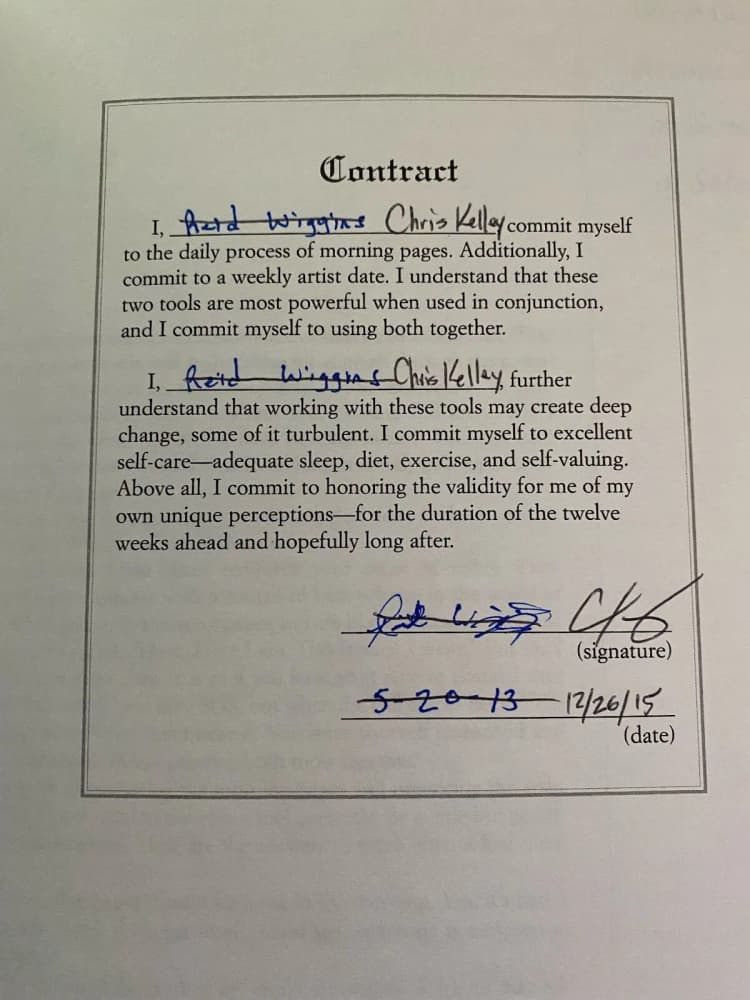 The Artist's Way contract signed by Chris Kelley, December 26, 2015