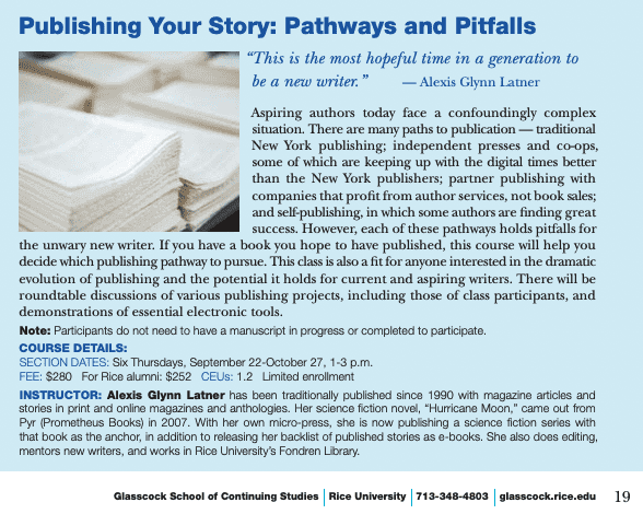 Rice University Publishing Your Story course flyer — Alexis Glynn Latner